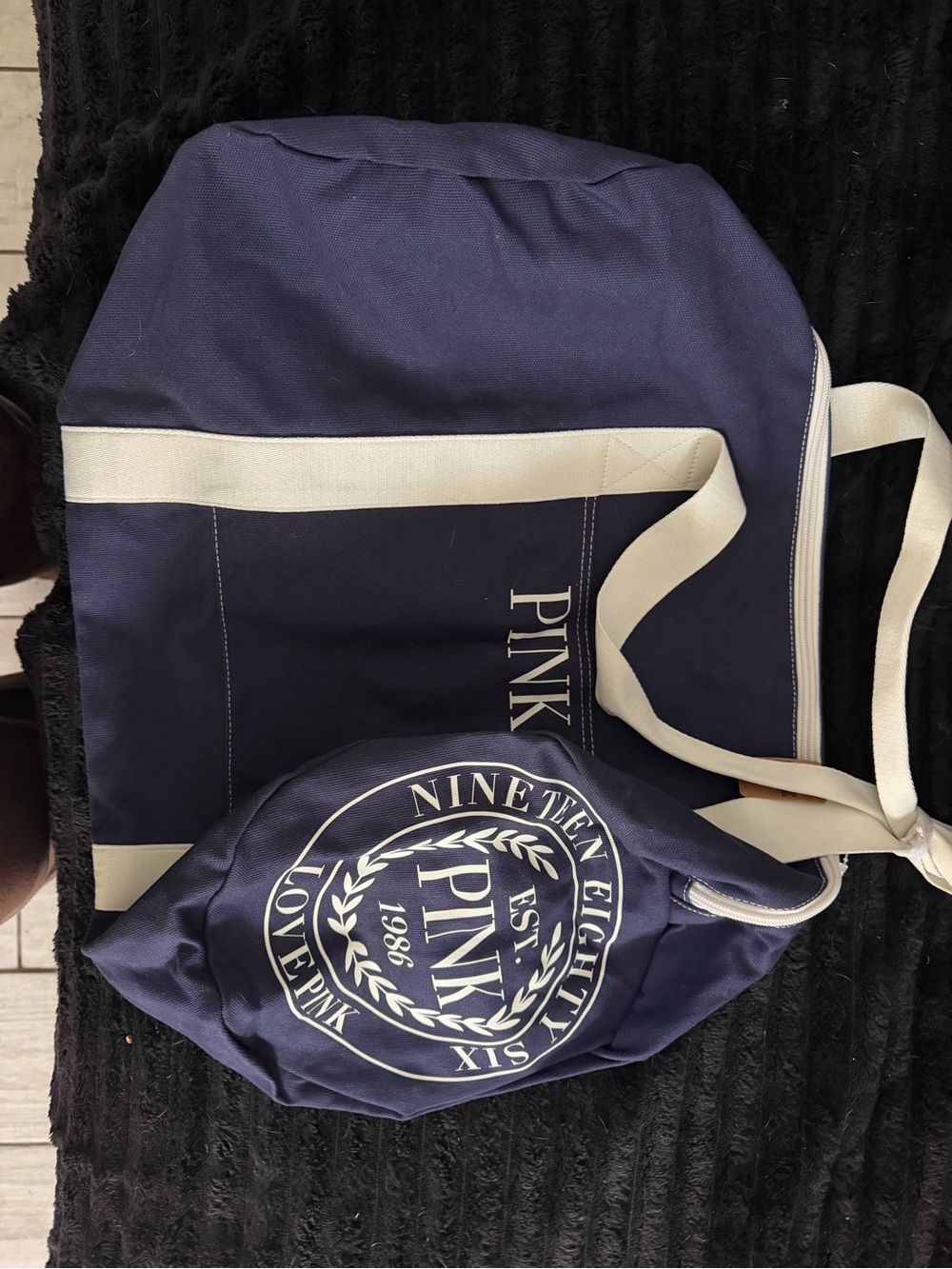PINK Victoria's Secret Navy Duffel Bag with Cream Straps